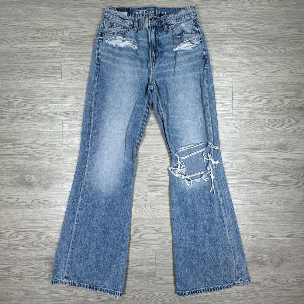 American Eagle Women Jeans Low-Rise Baggy Flare Blue 000 Distressed Wide‎ Leg